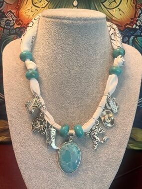 Beautiful Oval Larimar Charm Pendant Bandana Necklace with Silver Accents
